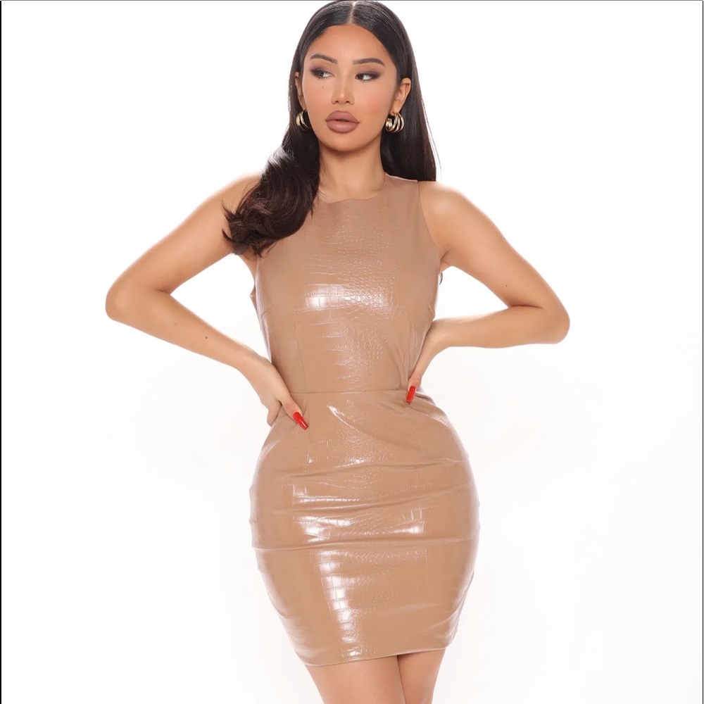 FashionNova Arielle Tan Faux Leather Mini Dress in Medium